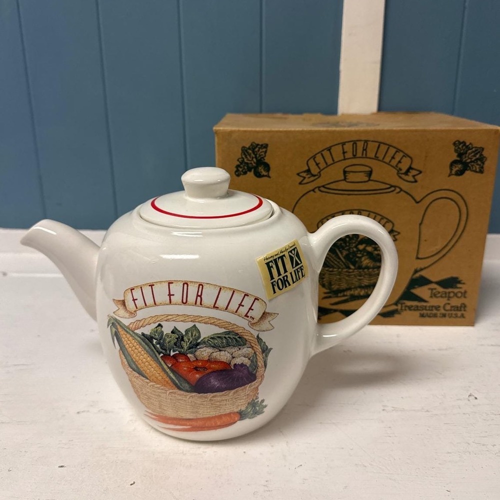 Fit For Life Teapot Treasure Craft w/ Box Vegetable Basket Vintage White Ceramic